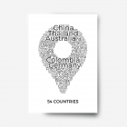 Unframed print of a word collage in the shape of a pin with text saying '54 countries' at the bottom.