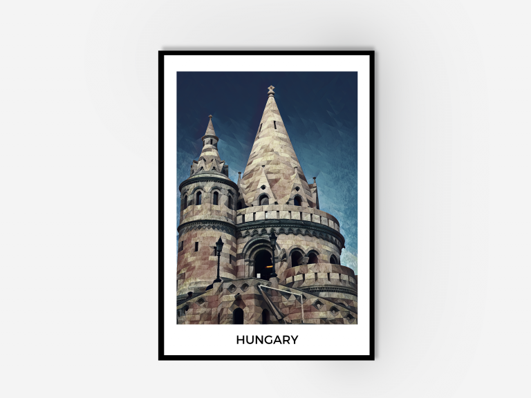 A framed print with white borders with text saying 'Hungary' and wooden black frame. The print includes an old castle like architecture building.