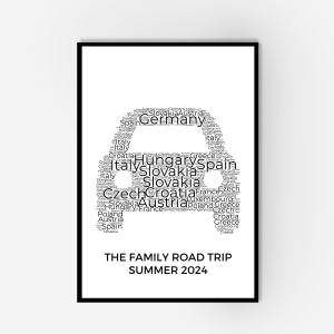 A framed art with black wooden frame. The artwork is of a word collage of country names in a car like design.