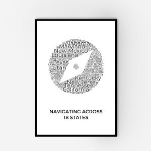 A framed wall art of a word collage of US states such as Maryland, New Jersey, California etc.