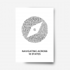 A print of a word collage of US state names.