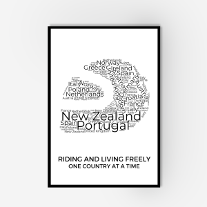 A framed wall art of a word collage in the shape of a helmet with various countries.