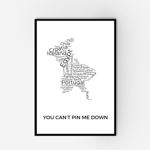 Framed wall art with black wooden borders. The art work includes a word collage of countries and text saying 'you can't pin me down'