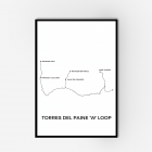 Framed wall art with wooden black frame. The print includes line art drawing with various names. The main title of the artwork is 'Torres del Paine 'W' Loop'.