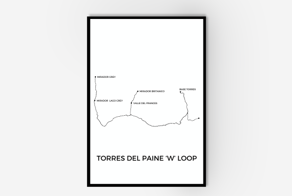 Framed wall art with wooden black frame. The print includes line art drawing with various names. The main title of the artwork is 'Torres del Paine 'W' Loop'.
