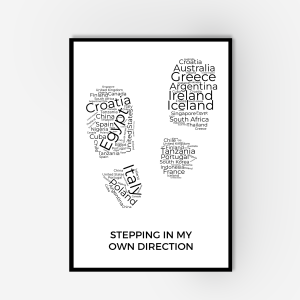 A framed wall art print with a word collage of two foot steps and the title 'stepping in my own direction'