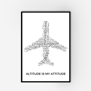 A framed art of a word collage of countries in the shape of an aeroplane and print is titled 'altitude is my attitude'