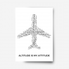 A word collage of countries in the shape of an aeroplane and print is titled 'altitude is my attitude'