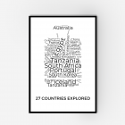 A framed print within a black wooden frame. Print is a word collage of countries shaped in a suitcase design.