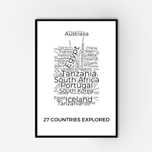 A framed print within a black wooden frame. Print is a word collage of countries shaped in a suitcase design.