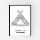 A framed word collage of countries in the shape of a tent with text 'Exploring the wilderness'