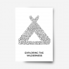 A word collage of countries in the shape of a tent with text 'Exploring the wilderness'