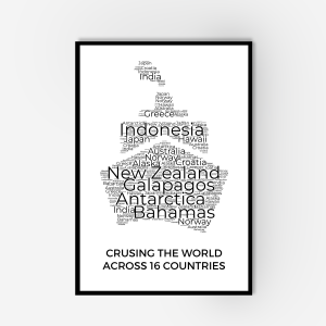 A framed print with a black frame. A word collage of various country names such as Antarctica, Bahamas and Galapagos.