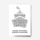 A cruise word collage with country names in the shape of a ship. Text reads 'cruising the world across 16 countries'.