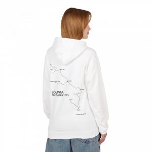Custom hoodie of Bolivian backpacking trip map outline