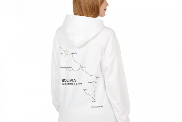 Custom hoodie of Bolivian backpacking trip map outline