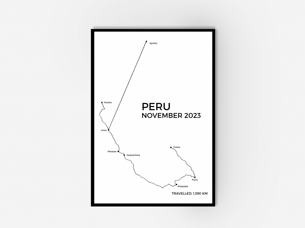 A framed line art drawing with various stops. The text says 'Peru November 2023'.