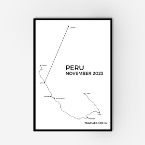 A framed line art drawing with various stops. The text says 'Peru November 2023'.