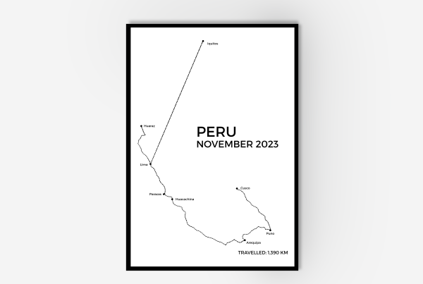 A framed line art drawing with various stops. The text says 'Peru November 2023'.