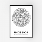 A framed word collage of countries with text saying 'Since 2008 27 countries and counting'