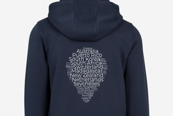 Blue travel hoodie with a map pin and country names