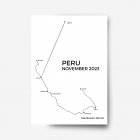 A line drawing of various stops on a map and text saying 'Peru November 2023' other towns and cities with 'Travelled 1,390km'.