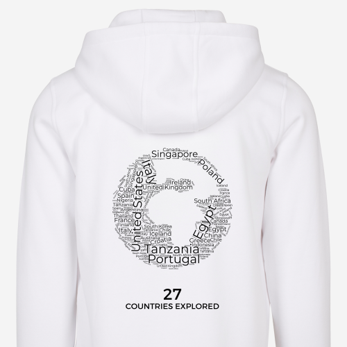 White travel hoodie of the globe showing bucket list country names
