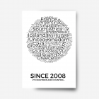 Unframed art of a word collage of various countries such as South Africa, Iceland, Portugal, Greece etc. and text below saying 'Sicen 2008 27 countries and counting..'