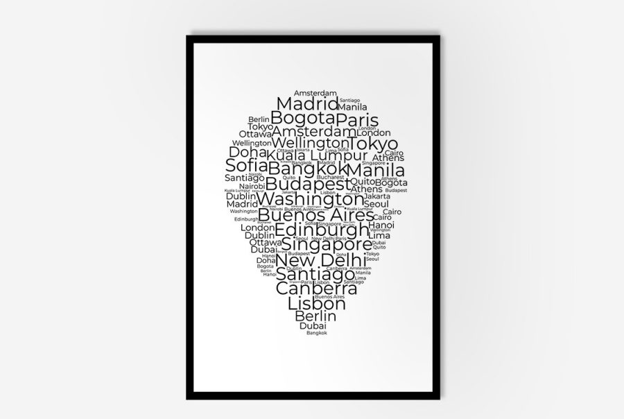 Framed wall art of countries in the shape of a pin