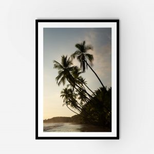 Costa Rica beach sunset wall art print – golden palm tree tropical landscape.
