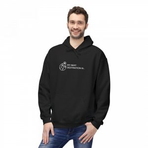 Black travel hoodie with words saying "my next destination is.."