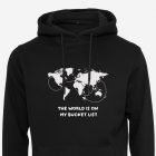 black hoodie with a world map graphic and the phrase 'The world is on my bucket list' printed on the front