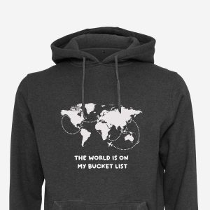 dark grey hoodie with a world map graphic and the phrase 'The world is on my bucket list' printed on the front