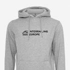Grey hoodie featuring a detailed train illustration and customizable travel route text, celebrating European Interrail adventures.