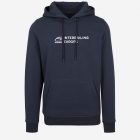 Navy hoodie with a personalized train graphic and custom travel text, themed around Interrailing Europe by train.