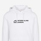 White hoodie with a train design and personalized text highlighting Interrailing across Europe, available in multiple colors.