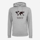 grey hoodie with a world map graphic and the phrase 'The world is on my bucket list' printed on the front