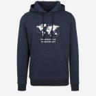 navy hoodie with a world map graphic and the phrase 'The world is on my bucket list' printed on the front
