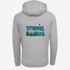 grey travel addict hoodie with blue text