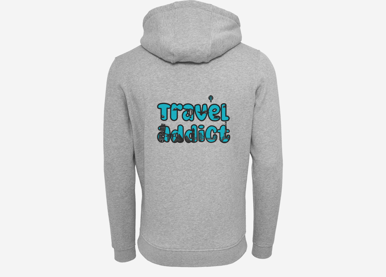 grey travel addict hoodie with blue text
