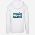 white wanderlust hoodie with travel addict text and worlds landmarks