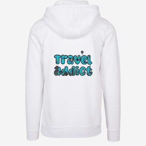 white wanderlust hoodie with travel addict text and worlds landmarks