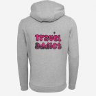 grey travel addict hoodie with pink text and landmarks