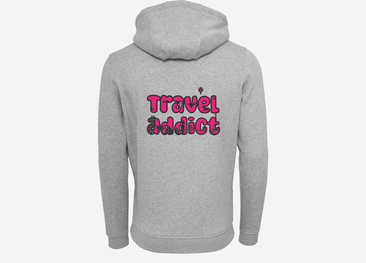 grey travel addict hoodie with pink text and landmarks