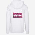 white wanderlust hoodie with pink travel addict text and worlds landmarks