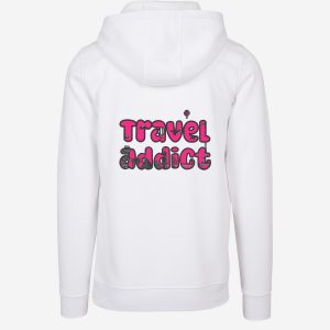 white wanderlust hoodie with pink travel addict text and worlds landmarks