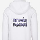 white wanderlust hoodie with purple travel addict text and worlds landmarks