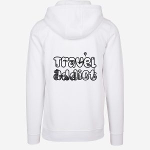 white travel addict hoodie