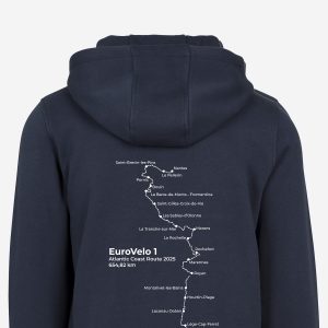 personalized navy cycling route hoodie in grey, EuroVelo-inspired travel keepsake, perfect unique gift for cyclists