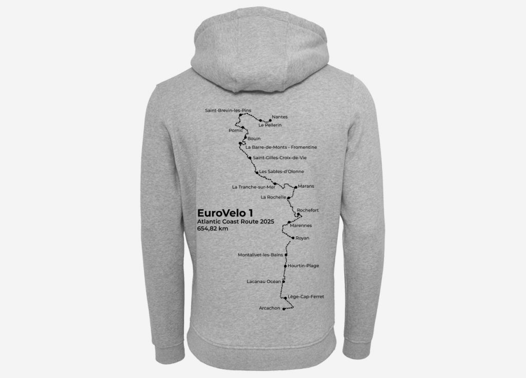 custom grey hoodie featuring a personalized cycling route itinerary, unique EuroVelo travel keepsake and thoughtful gift for cyclists